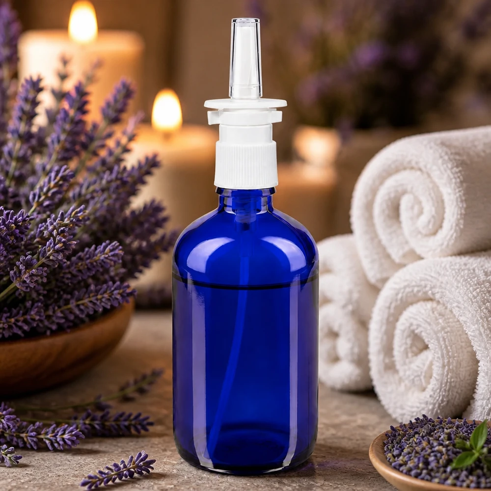 Frasco de cristal de farmacia azul de 100 ml para spray nasal, con cabezal pulverizador blanco, delante de flores de lavanda y velas