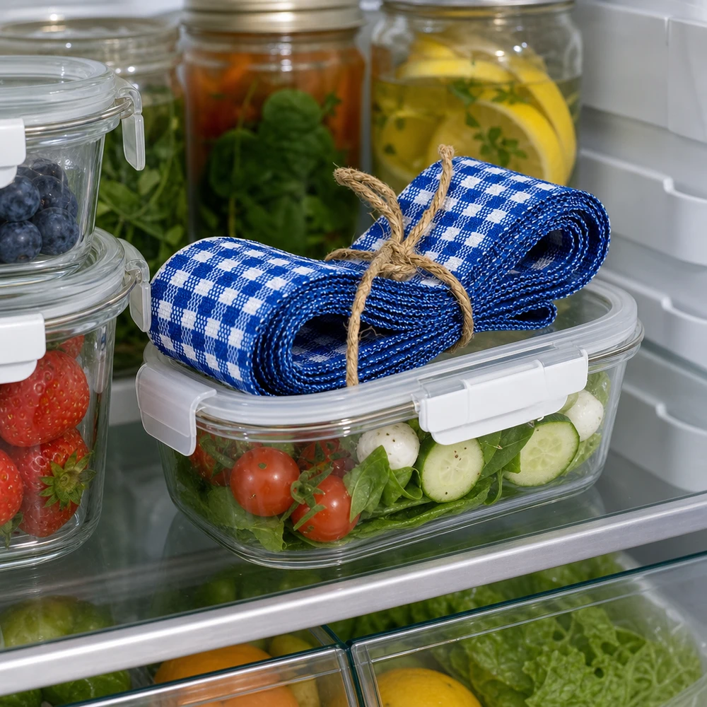 Cinta de tela azul y blanca de 300 cm decorativa en la nevera sobre la caja de ensalada entre las verduras y los tarros de conservas