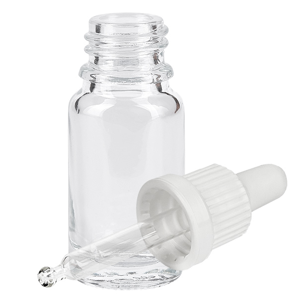 Frasco pipeta 10ml tapón inviolable blanco ClearLine UT18/10 Pequeño frasco con pipeta de 10 ml de cristal transparente, con boquilla blanca y ventosa de goma