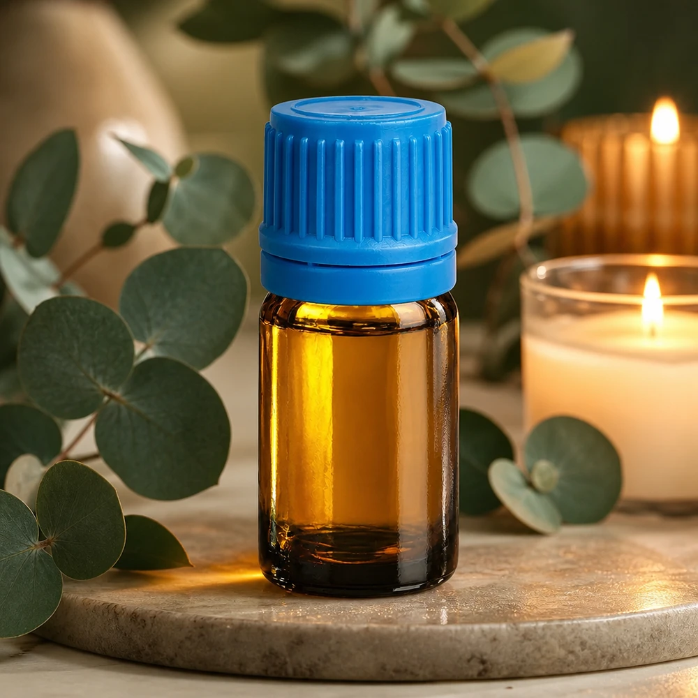 Frasco de aromaterapia de 5 ml de vidrio ámbar con protección UV y tapón de rosca azul de seguridad