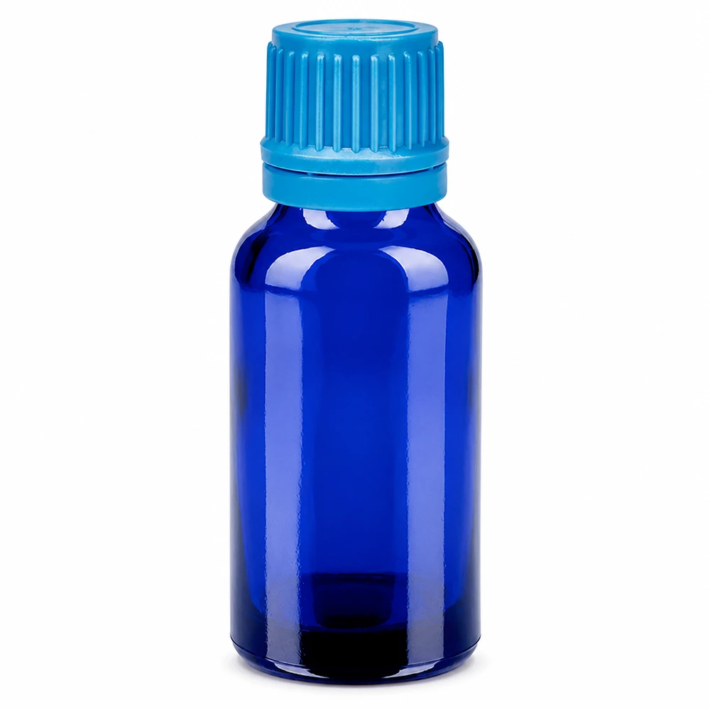 Frasco 20ml 11mm tapón rosca azul precinto BlueLine UT18/20 Frasco de vidrio azul de 20 ml con tapón de rosca para aceites esenciales y tinturas