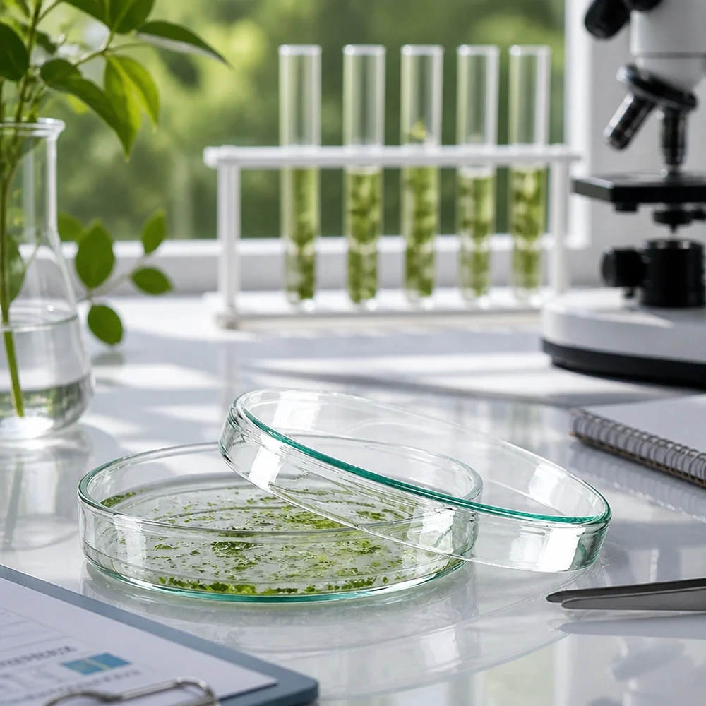 Placa de Petri de 100 x 20 mm de cristal con cultivos de plantas verdes en el laboratorio de investigación botánica