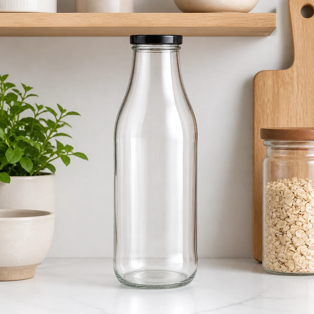 Botella de vidrio de 1000 ml + tapa BasicSeal negra UNiTWIST Botella de cristal vacía de 1000 ml con tapa negra en cocina moderna junto a estantes de madera y planta de hierbas.