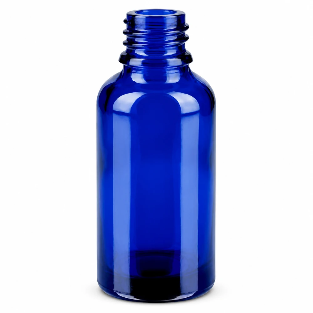 Botella 30ml tapón rosca 11mm azul cierre inviolable BlueLine UT18/30 Frasco de vidrio compacto de 30 ml en azul oscuro con rosca de 11 mm para dosificar líquidos con precisión