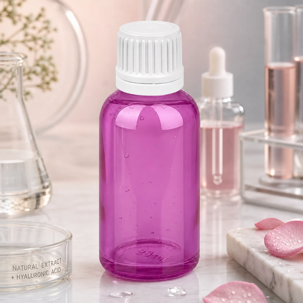 Frasco de 30 ml con tapón de rosca de 11 mm blanco Originalidad tapón de rosca PurpleLine UT18/30 Frasco cosmético morado de 30 ml con tapón de rosca blanco para sueros y cuidados faciales
