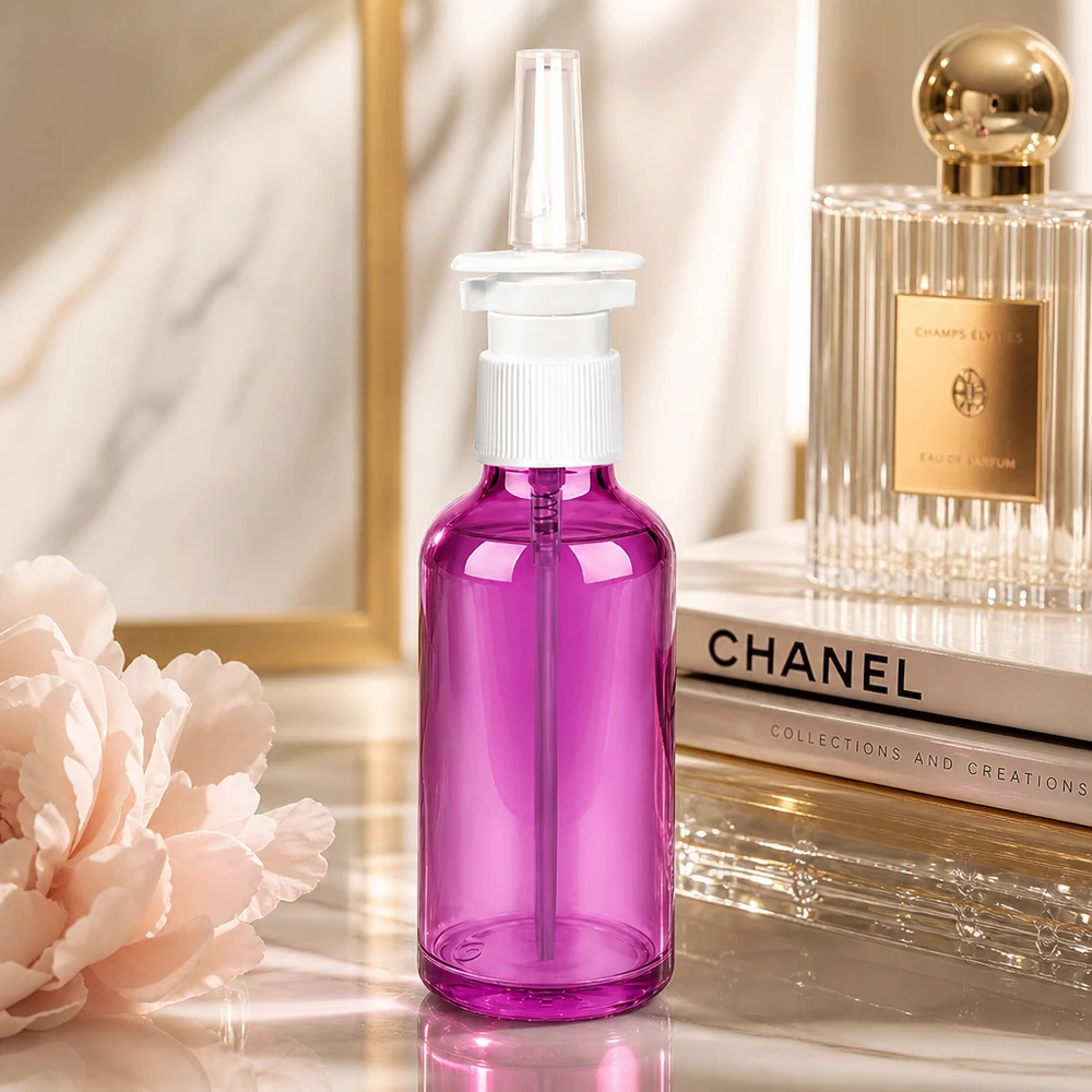 Frasco pulverizador nasal de 50 ml blanco/transparente estándar PurpleLine. UT18/50 Frasco de spray nasal de 50 ml de alta calidad en color morado con rosca estándar UT18/50 para fines farmacéuticos