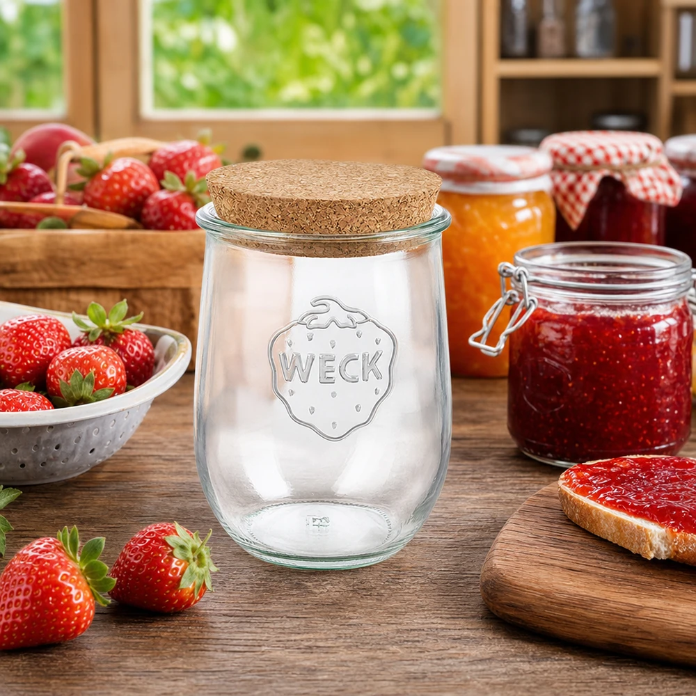 WECK RR100 Tarro tulipán 1062ml tapa corcho Escena de cocina con fresas y mermelada casera