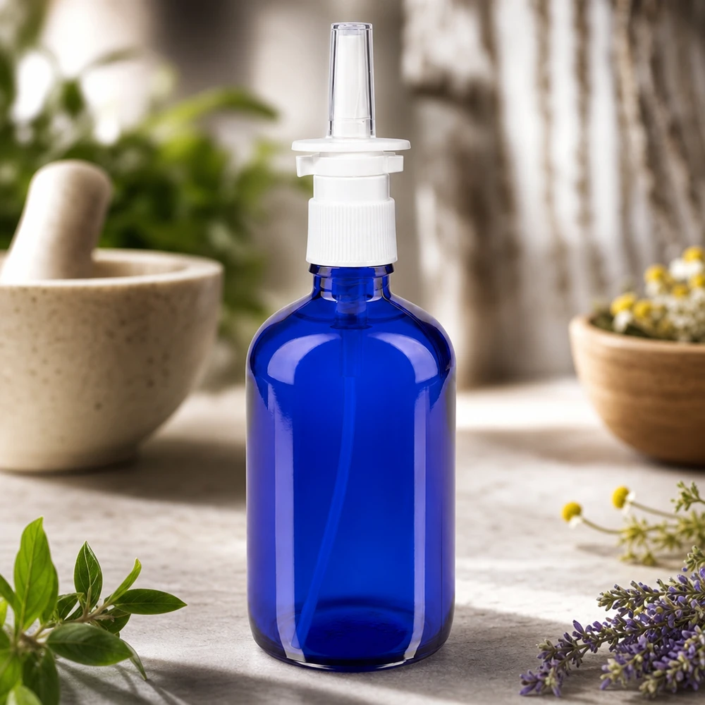 Botella de cristal azul de 100 ml con aplicador nasal, situada entre el mortero de Morser y los cuencos para hierbas