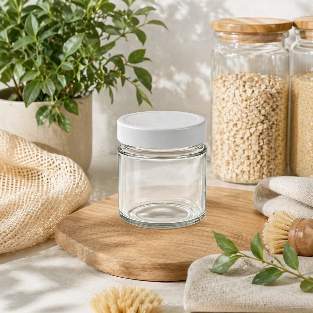 Tarro redondo de 135 ml tapa BasicSeal blanco estilo de vida sostenible residuo cero tapa de bambú tabla de madera organización de la cocina