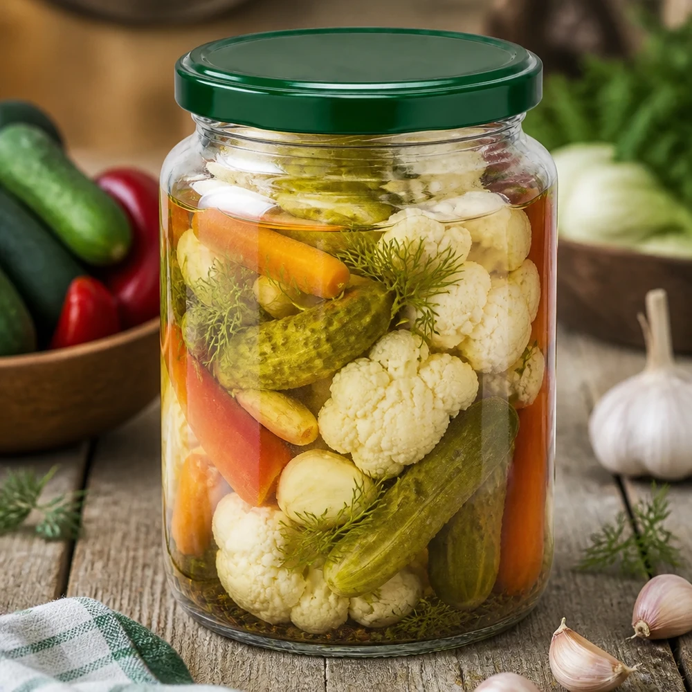 Tarro redondo 795ml + tapa BasicSeal verde UNiTWIST UNiTWIST tarro redondo 795ml con verduras mixtas encurtidas y eneldo - tapa BasicSeal verde para conservar y fermentar