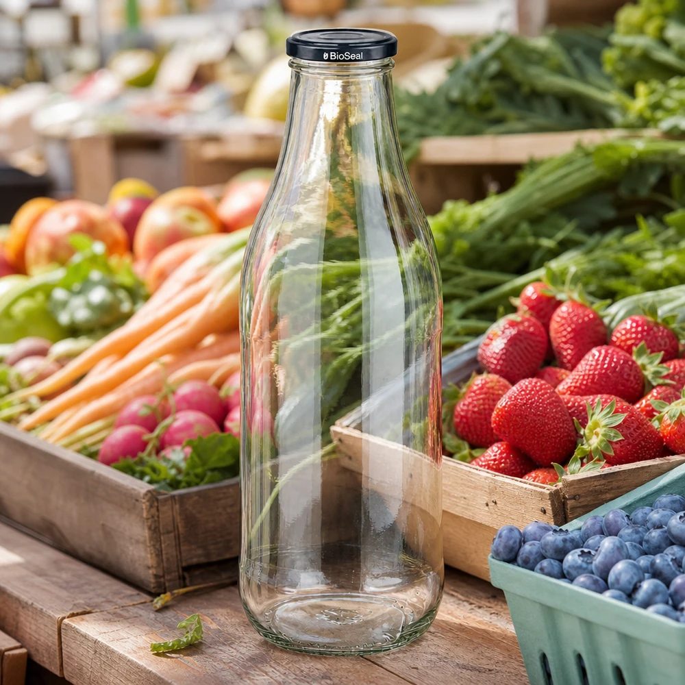 Frasco de vidrio de 1000 ml + tapa BioSeal negra UNiTWIST 1000ml botella de vidrio tapa BioSeal puesto del mercado negro fruta fresca verduras fresas arándanos sostenible regional
