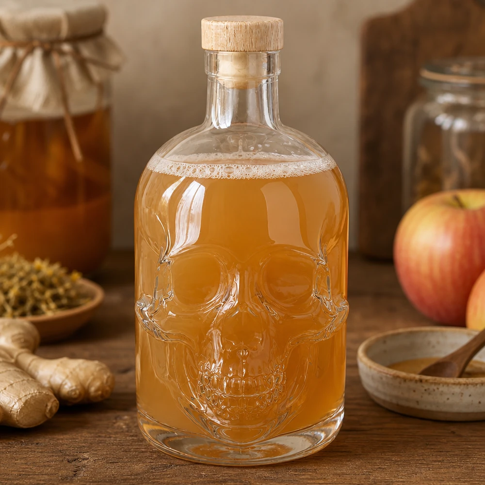 Botella de vidrio de 500 ml «Jack» con tapón de corcho con asa de madera UNiTWIST® Dekorative Totenkopf-Glasflasche Jack 500ml mit Honig befüllt, Holzkorken und rustikalem Küchen-Ambiente mit Äpfeln