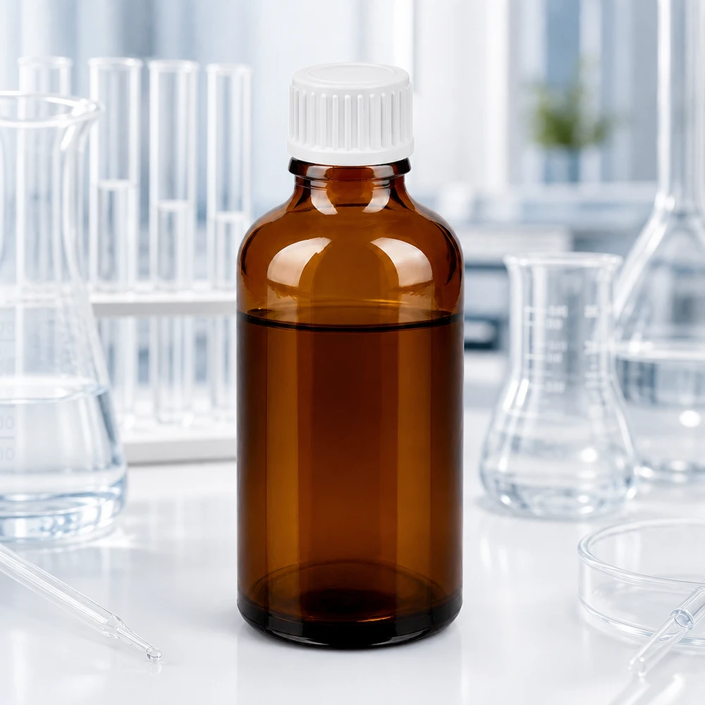 Frasco de vidrio de 50 ml de color ámbar con tapón cuentagotas blanco para el almacenamiento seguro de sustancias fotosensibles