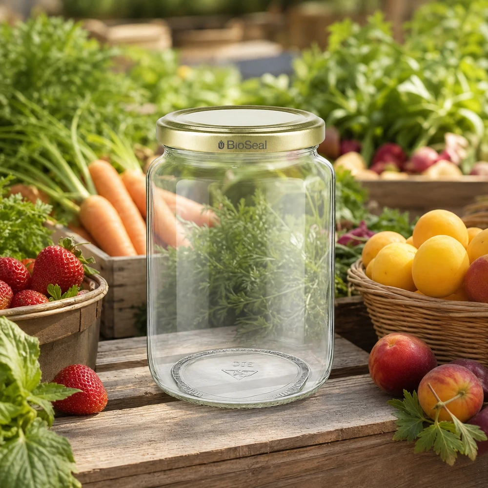 Tarro para miel de 1000 g con tapa dorada BioSeal UNiTWIST El tarro de miel BioSeal de 1000 g rodeado de frutas y verduras frescas muestra la frescura y el almacenamiento naturales