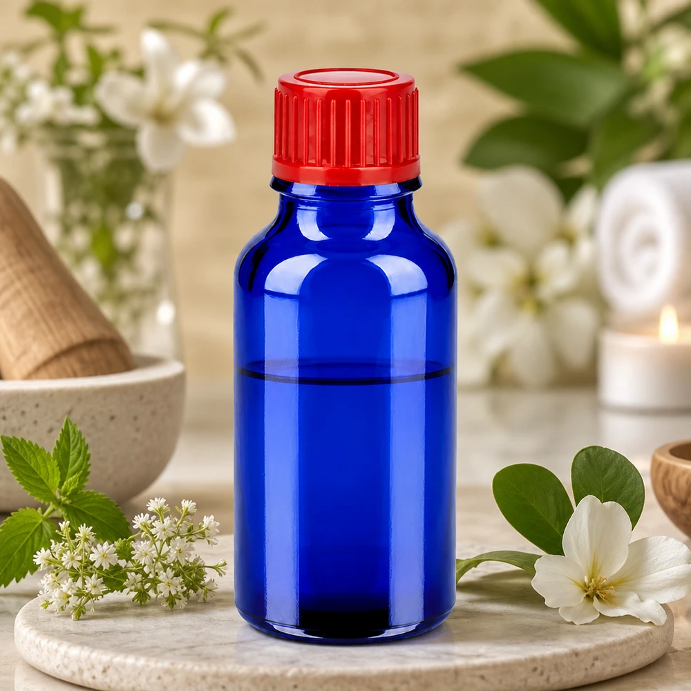 Frasco 20ml 11mm tapón rosca rojo estándar BlueLine UT18/20 Frasco de vidrio compacto de 20 ml en azul brillante con práctico tapón rojo para aplicaciones móviles