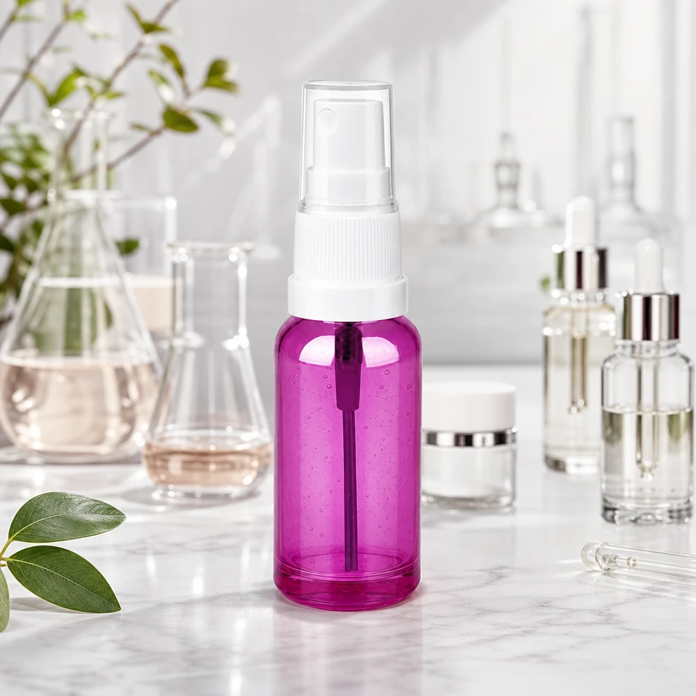 Frasco pulverizador transparente de 20 ml en diseño PurpleLine con cabezal pulverizador blanco para productos cosméticos