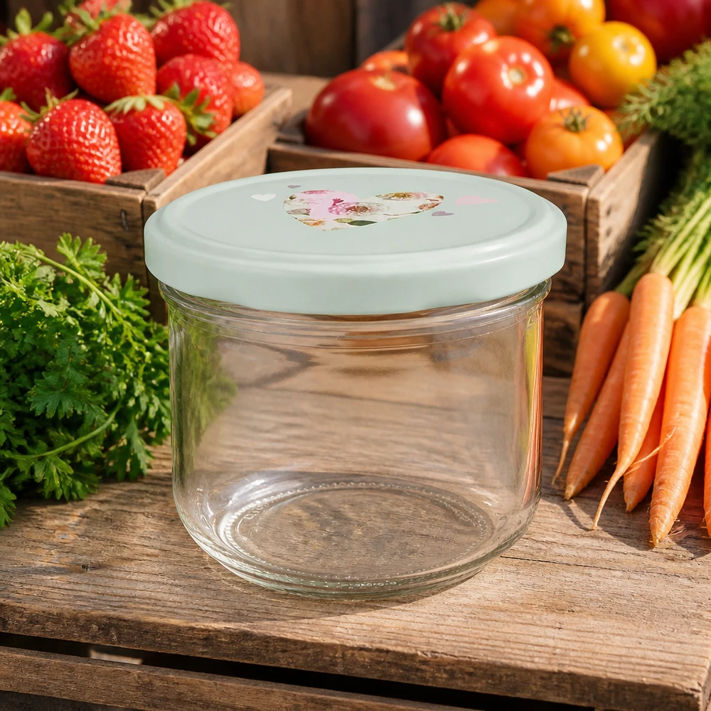 Tarro de cristal de 260 ml vacío con tapa BasicSeal verde menta delante de tomates, fresas y zanahorias frescas sobre una mesa de madera.