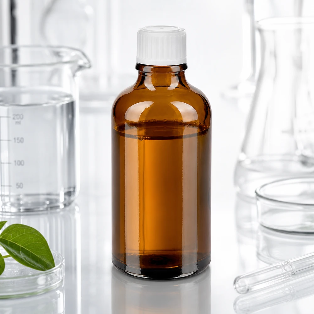 Frasco de vidrio ámbar de 50 ml con tapón blanco estándar en un entorno de laboratorio profesional
