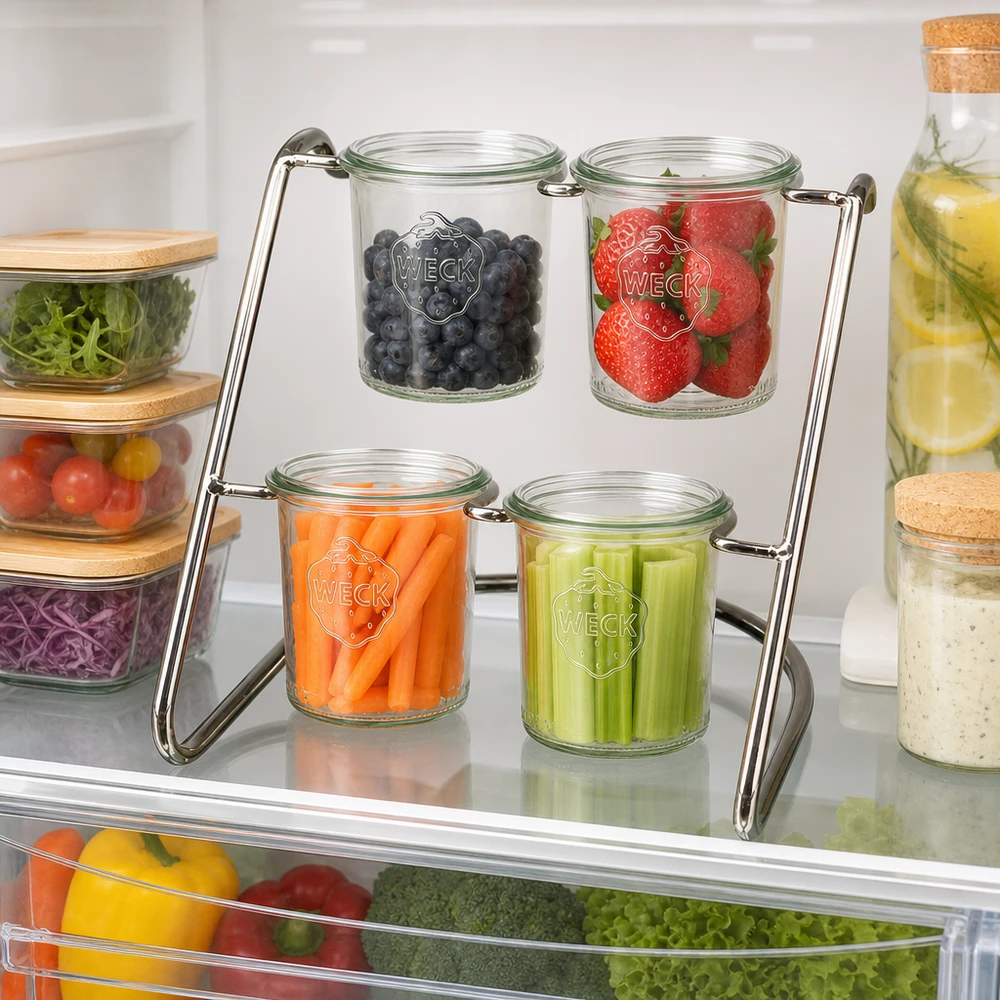 Portavasos Flato4 para 4 vasos WECK WECK Serviergestell Flato4 im Kühlschrank - platzsparende Ordnung für Beeren, Gemüse und Snacks in Sturzgläsern