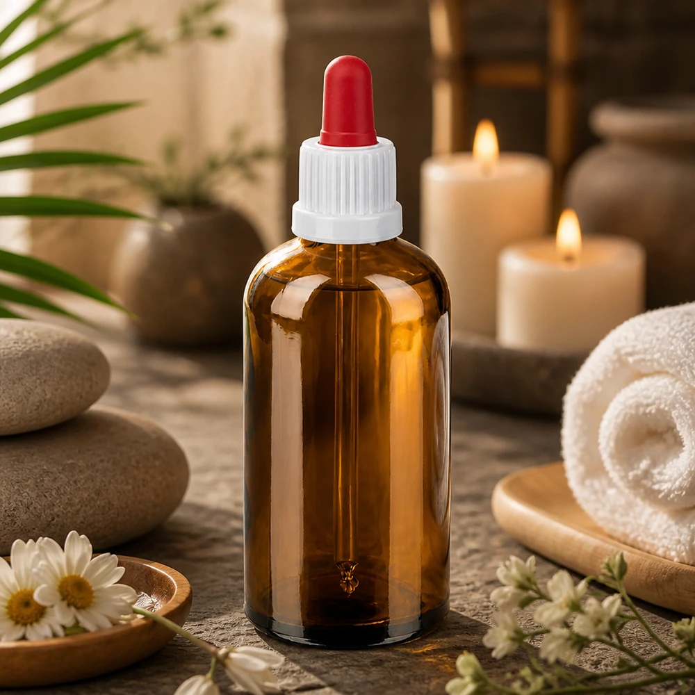 Frasco de vidrio ámbar de 100 ml con pipeta ideal para aplicaciones cosméticas y de aromaterapia