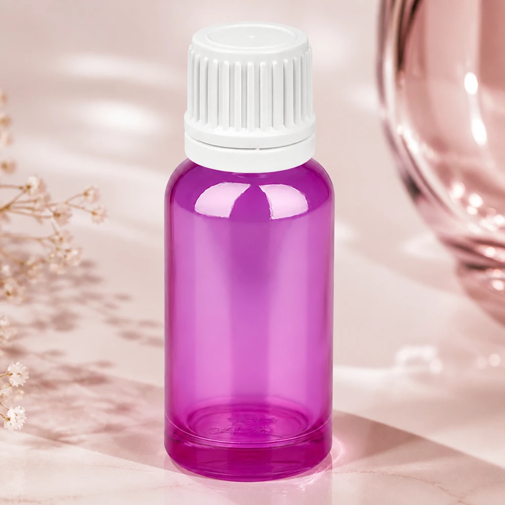 Frasco cuentagotas de 20 ml de plástico de alta calidad con diseño Purple Line y tapón cuentagotas blanco