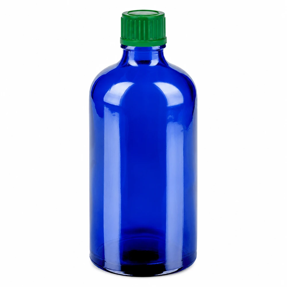 Botella 100ml 11mm tapón rosca verde estándar BlueLine UT18/100 Frasco de vidrio azul de 100 ml con tapón de rosca verde para cosméticos y productos farmacéuticos