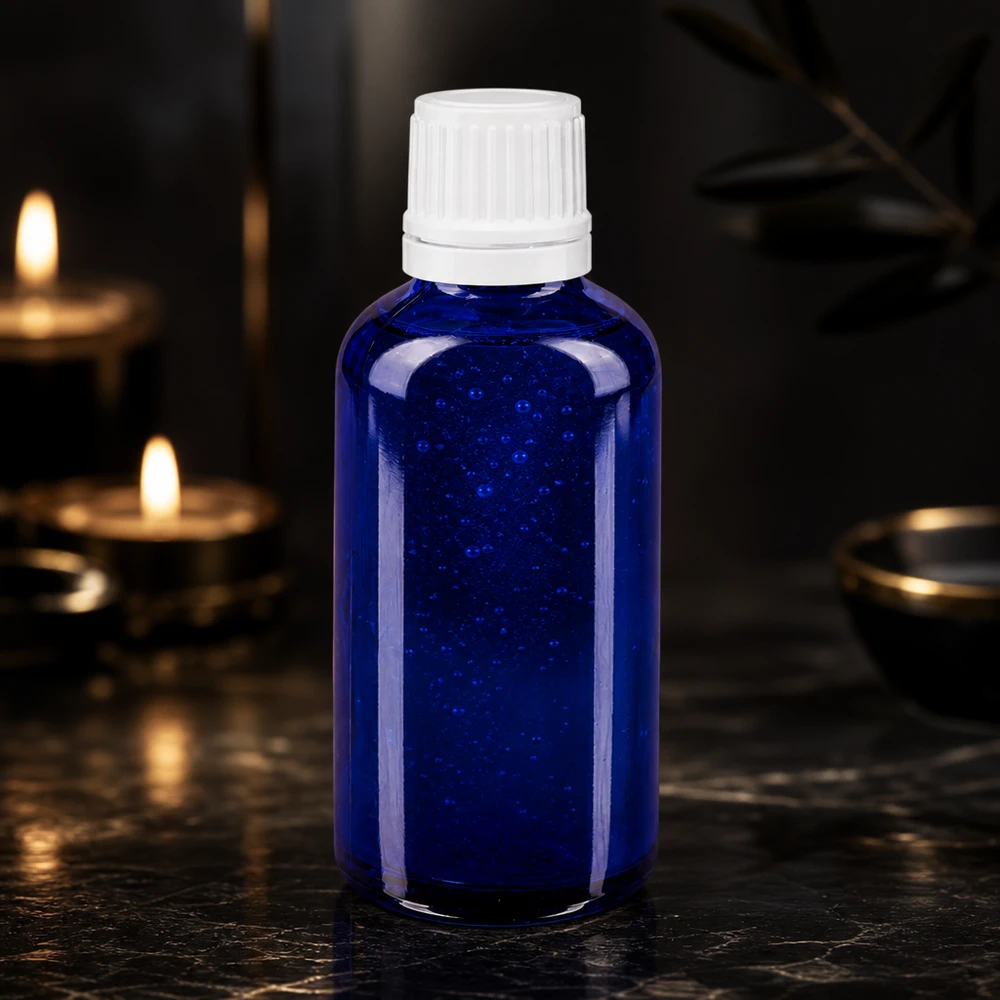 Botella de cristal azul y esbelta de 50 ml con tapón de rosca blanco sobre mármol oscuro