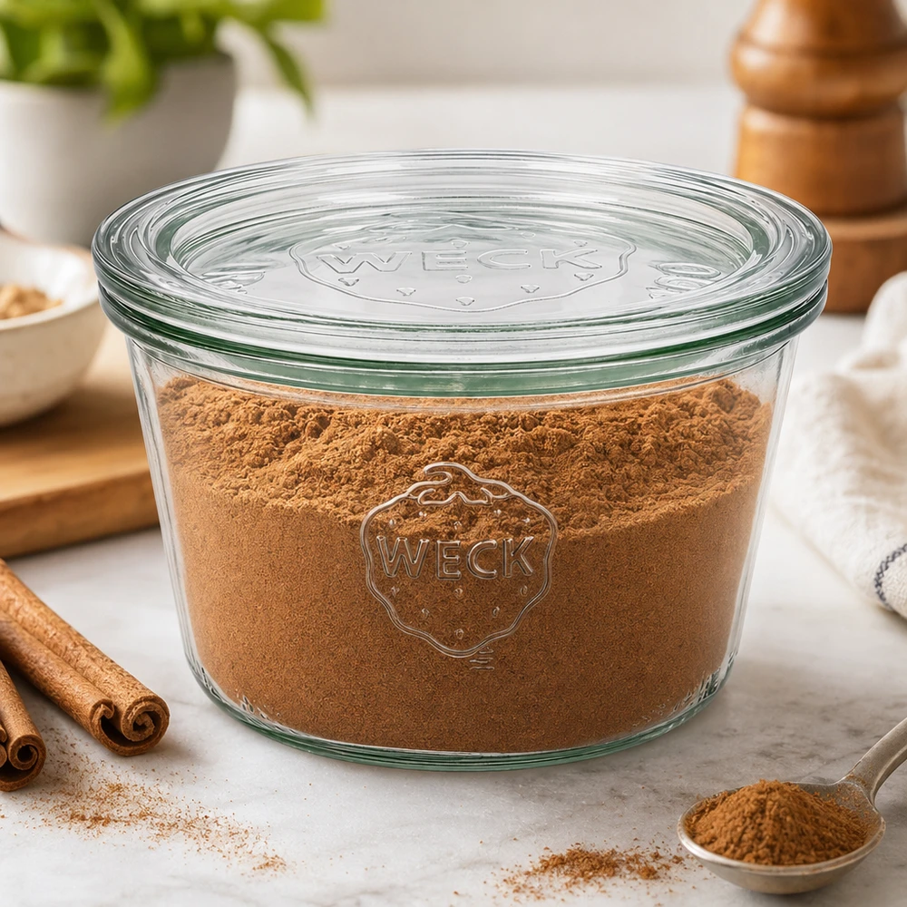 Vasos WECK 370ml RR100 rellenos de cacao en polvo rodeados de palitos de canela para guardar especias en la cocina