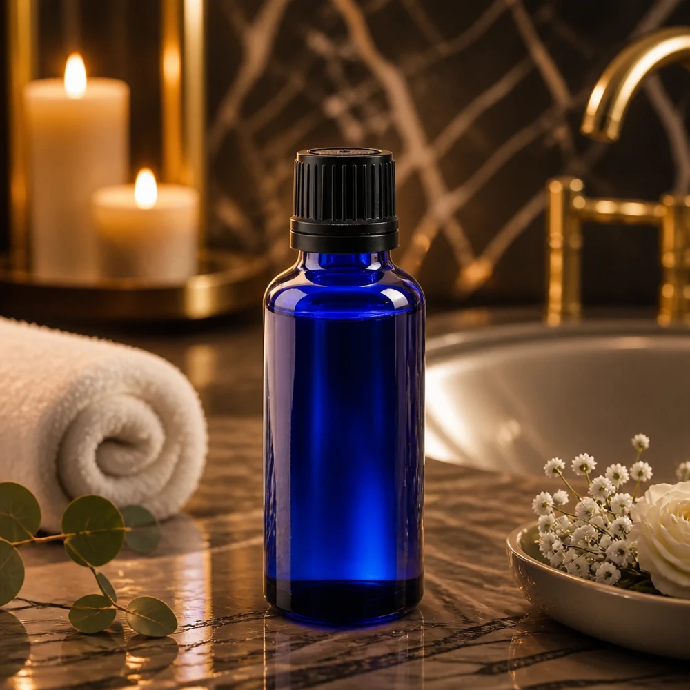 Frasco azul de ApoGlas de 30 ml con tapón de rosca negro sobre mármol, junto a unas velas y una toalla
