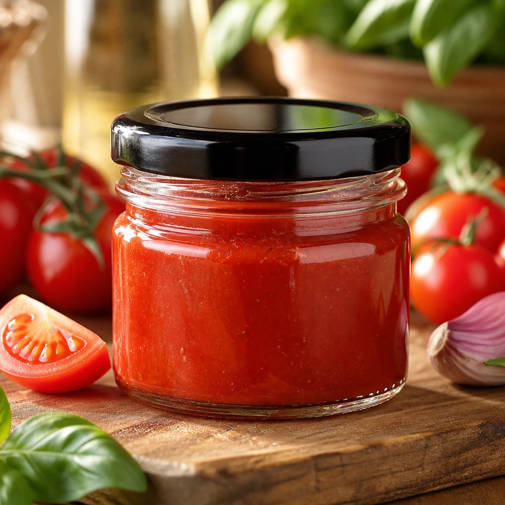 Frasco redondo de cristal de 33 ml + tapa BasicSeal negra UNiTWIST Salsa de tomate en un frasco redondo de cristal de 33 ml con tapa negra BasicSeal, sobre una tabla de madera con tomates frescos