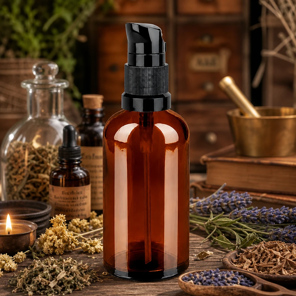 Frasco con bomba de 100 ml negro con tapón estándar BrownLine UT18/100 Frasco compacto de 100 ml de vidrio ámbar con bomba negra para una dosificación precisa