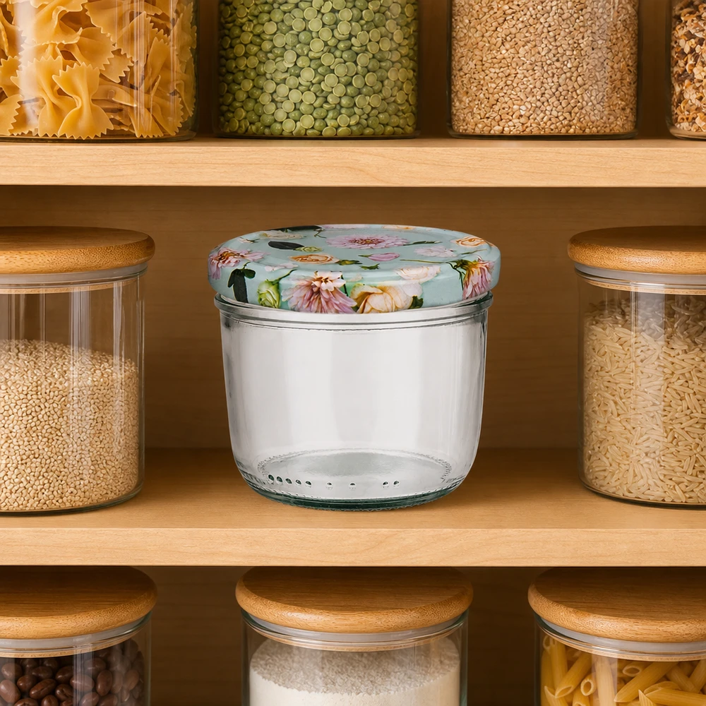 tarro de cristal de 230 ml con tapa de flor verde menta en la despensa, entre tarros de pasta, lentejas y arroz