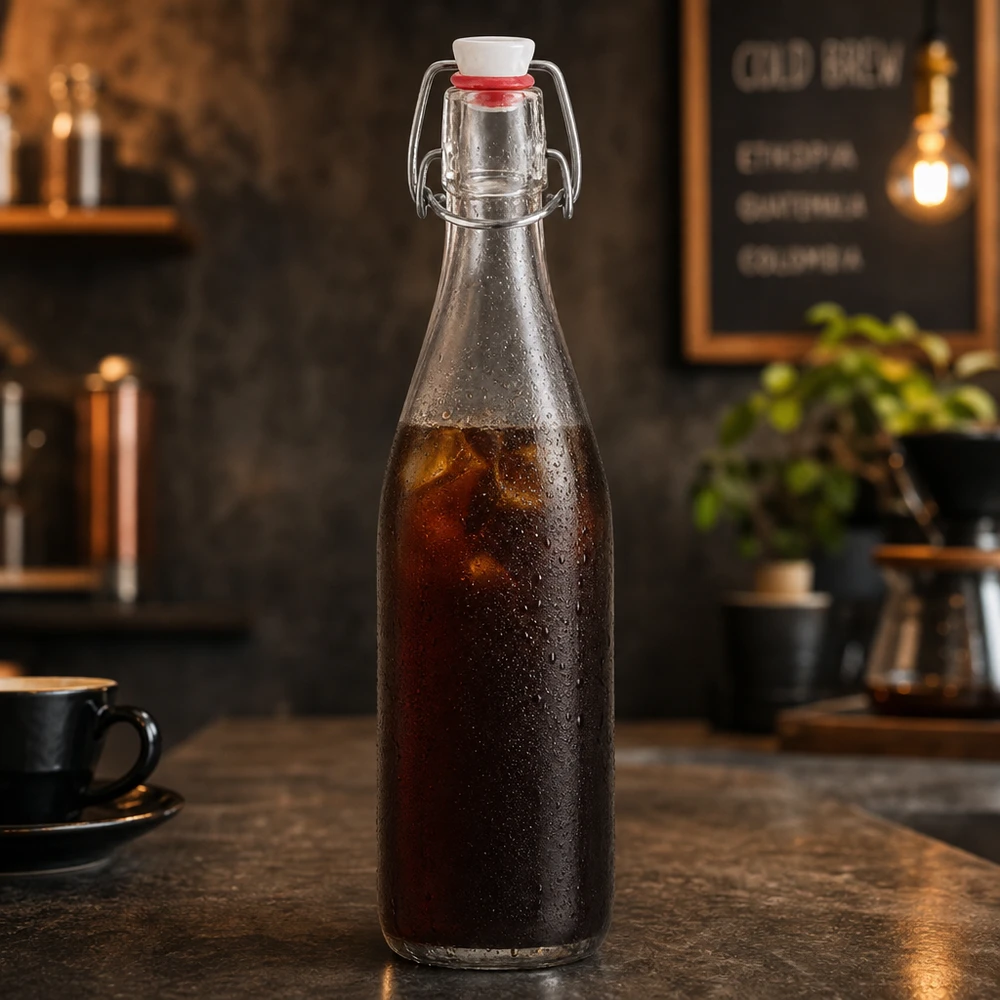 Botella de vidrio de 500 ml + tapa abatible de PVC UNiTWIST Botella de cristal de 500 ml con tapón abatible llena de café cold brew en un ambiente rústico de cafetería