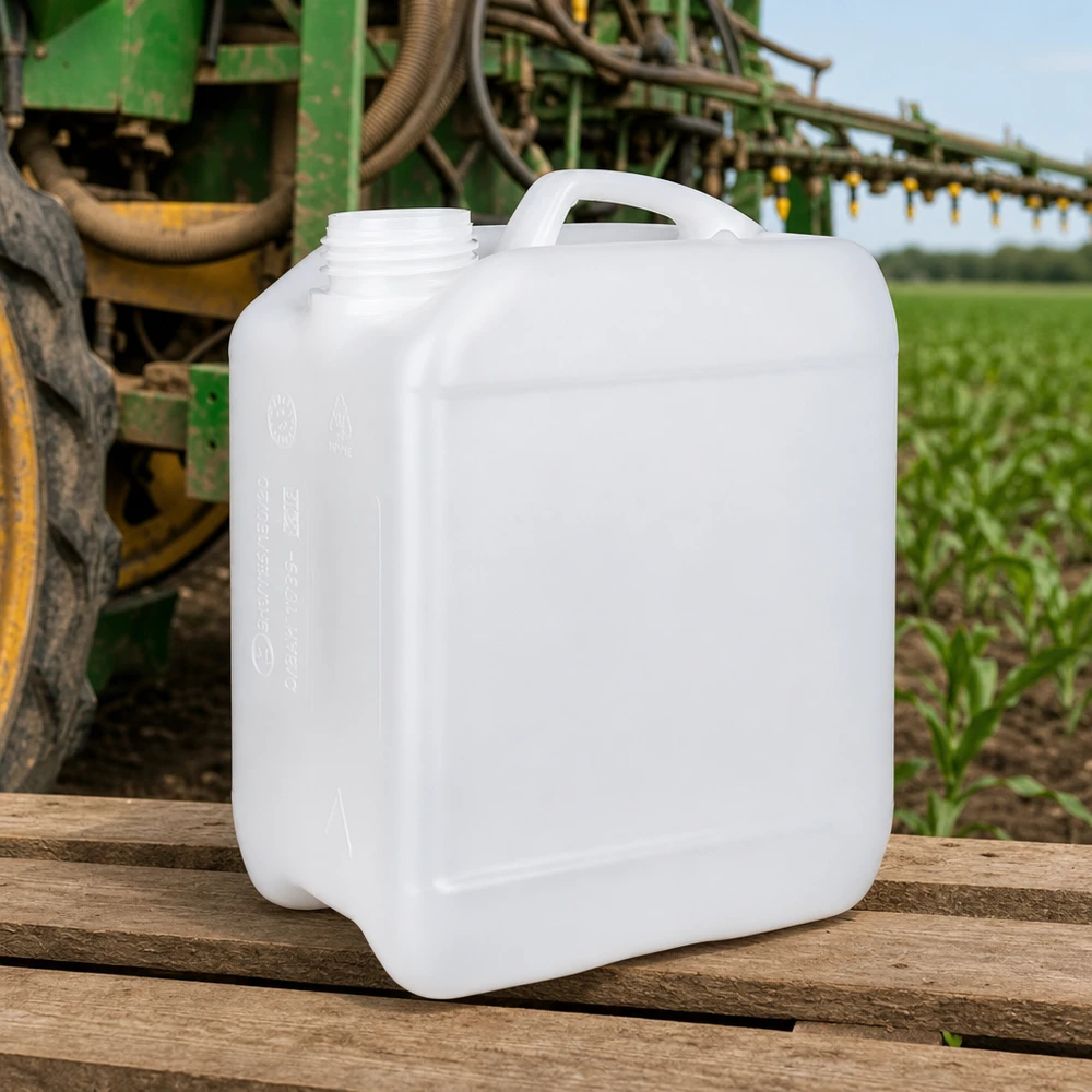 Bidón blanco de 2,5 litros sin tapón sobre un palé de madera delante de un pulverizador agrícola John Deere