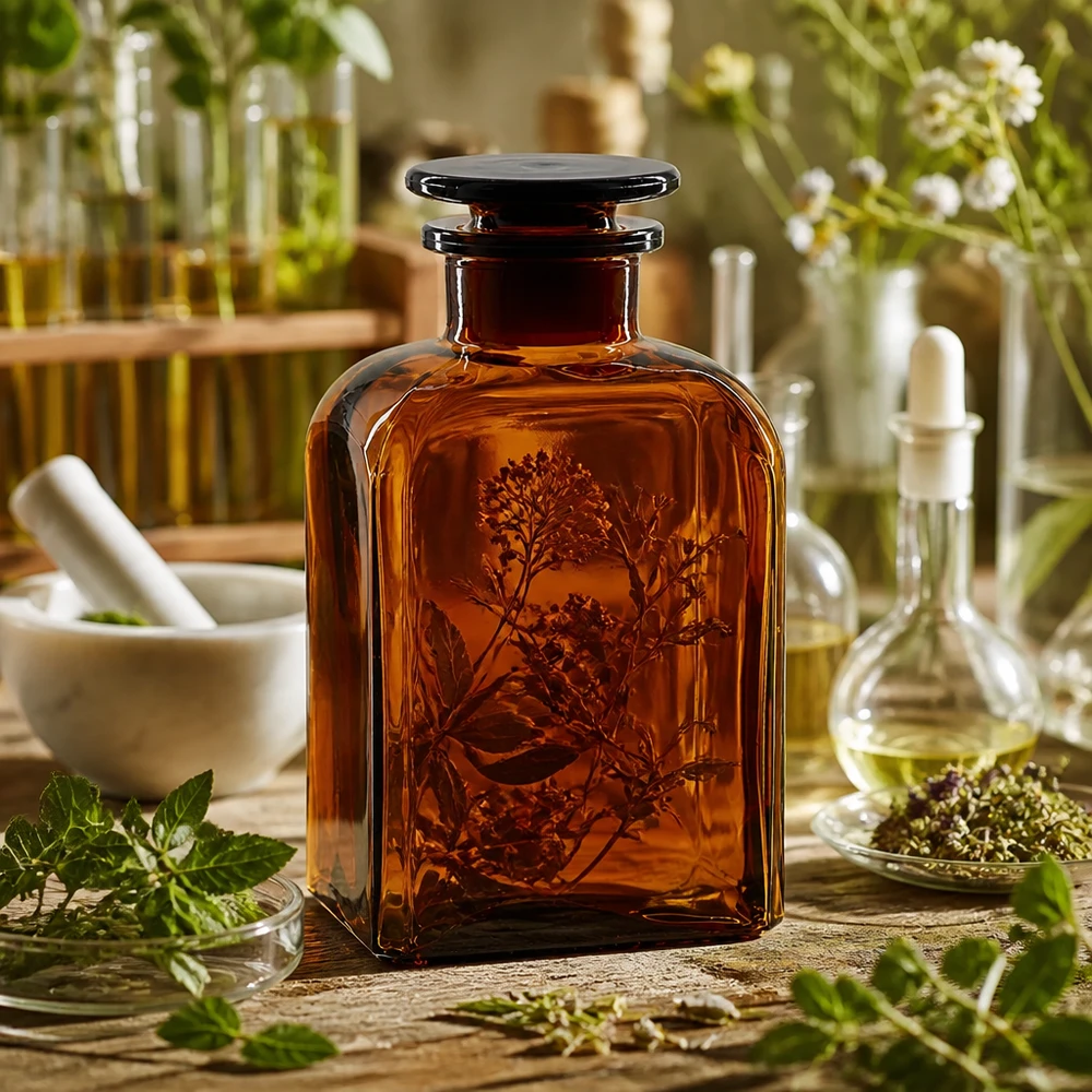 Frasco cuadrado marrón de 500 ml con cuello ancho y tapón de cristal para aceites de hierbas y tinturas