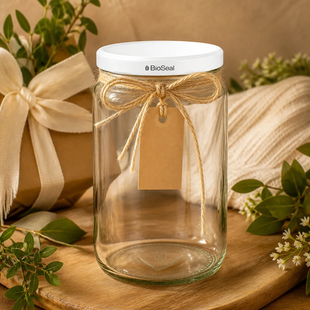 Tarro redondo de 795ml con tapa blanca UNiTWIST BioSeal Caja de regalo UNiTWIST Runda795 con lazo de rafia y etiqueta de papel kraft - embalaje decorativo de vidrio
