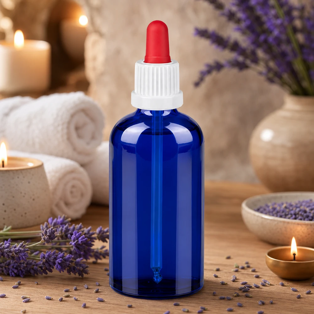 Frasco pipeta 100ml negro blanco/rojo cierre inviolable BlueLine UT18/100 Frasco pipeta de 100 ml de alta calidad en elegante azul con práctico sistema de goteo para aromaterapia