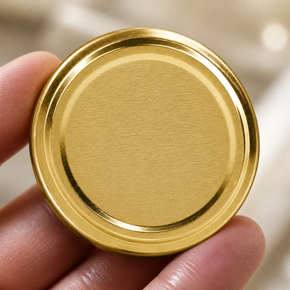 UNiTWIST TO82 dorado, BioSeal, sin BPA, unitemp Tapa Twist-Off UNiTWIST TO82 dorada. Primer plano de la superficie metálica lisa. BioSeal, sin BPA, unitemp
