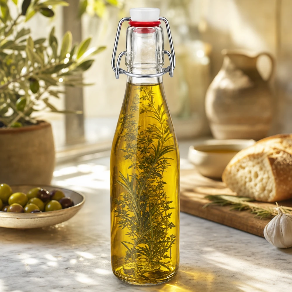 Botella de vidrio de 250ml + tapa oscilante de porcelana UNiTWIST Botella de cristal de 250 ml con tapón oscilante llena de aceite de hierbas, escena decorativa de cocina con aceitunas y pan