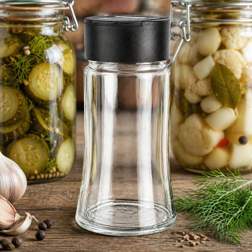 Frasco para sal y especias de 95 ml con dosificador doble negro Frasco pequeño para especias de 95 ml con un espolvoreador doble negro, entre pepinillos encurtidos y coliflor