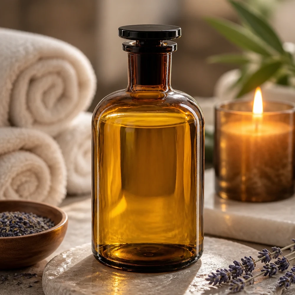 Spa Ambiente: botella de hombros redondeados de color marrón, 500 ml, cuello estrecho, tapón de cristal, para conservar aceites aromáticos