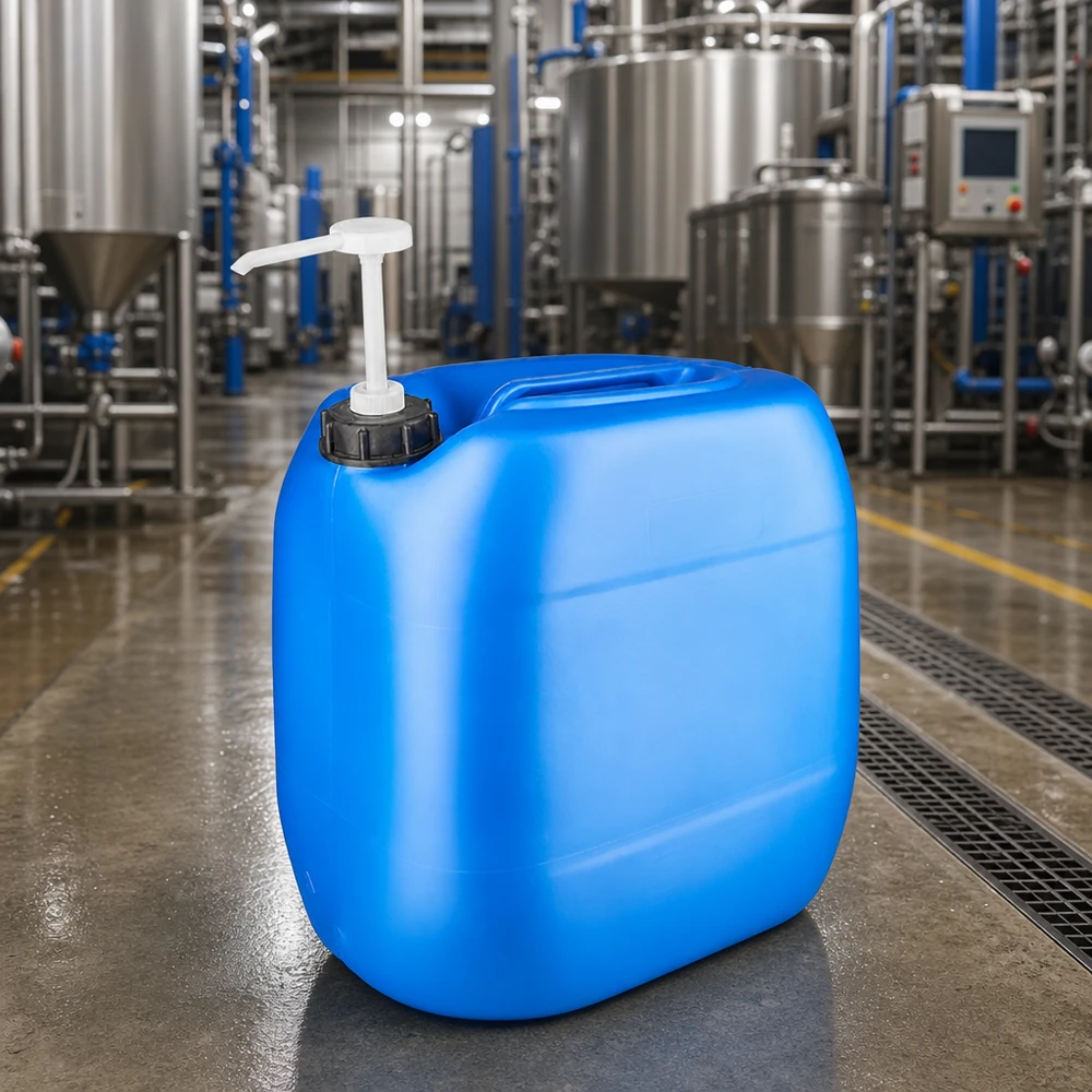 Bidón industrial rectangular azul de 30 litros con bomba dosificadora en una moderna planta de producción