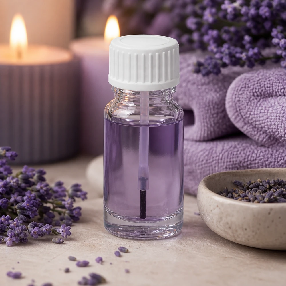 Frasco transparente con pincel de 10 ml con tapón blanco, lleno de líquido morado sobre fondo marmolado