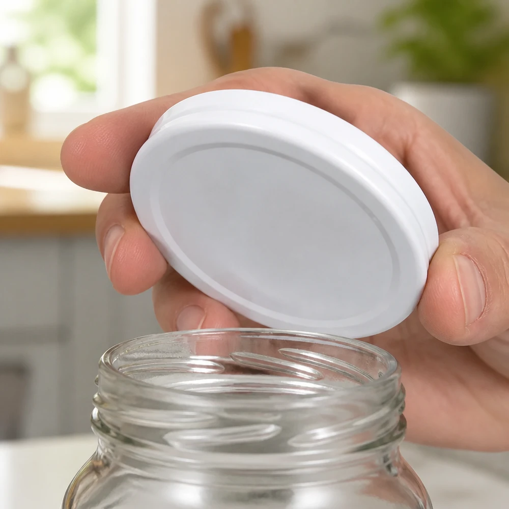 Primer plano de una tapa metálica blanca de 58 mm colocada sobre un tarro de conserva vacío UNiTWIST BasicSeal