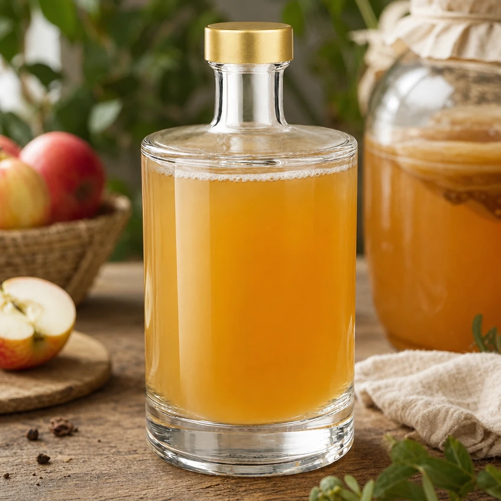 Botella de cristal de 500ml Sam llena de zumo de manzana tapón dorado UNiTWIST manzana rústica decoración mesa de madera