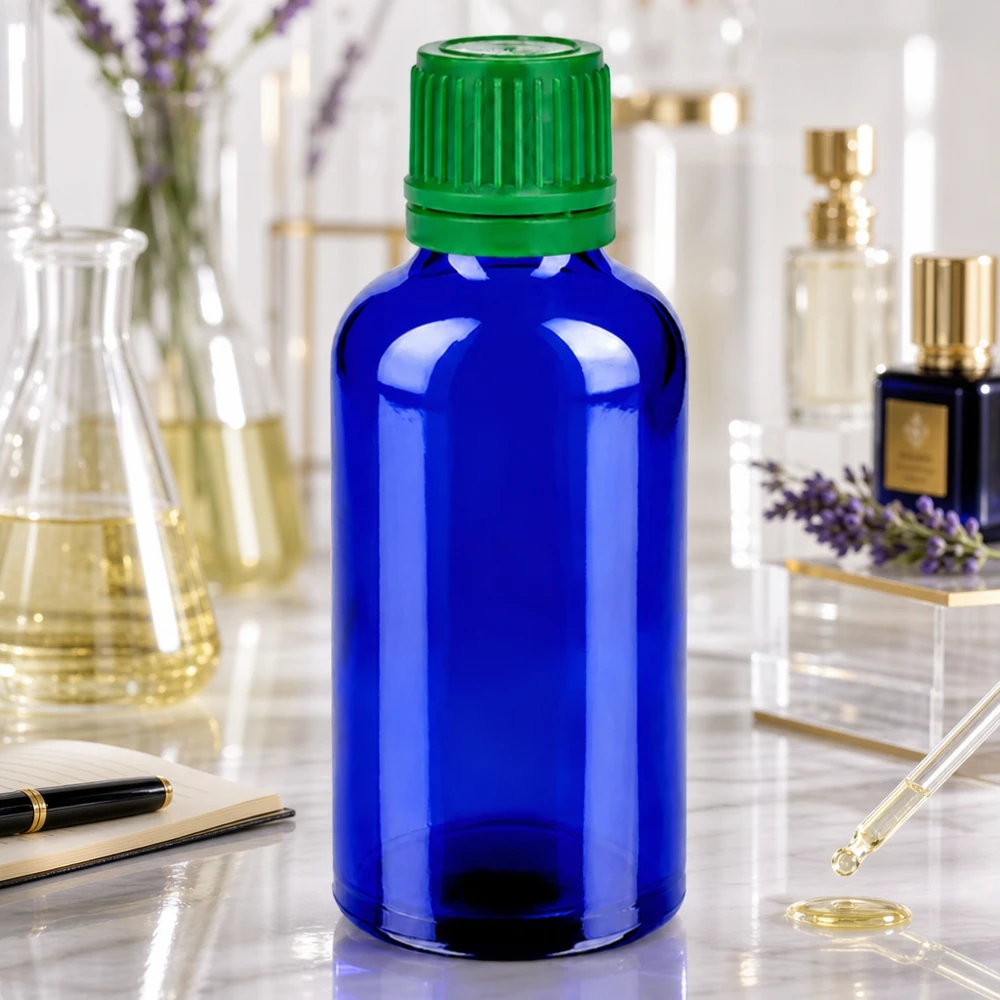 Botella 50ml tapón rosca 11mm verde cierre inviolable BlueLine UT18/50 Material de laboratorio profesional de 50 ml con frasco de vidrio azul y tapón de rosca verde SV