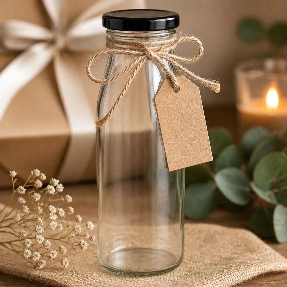 Botella de cristal de 500 ml con tapa negra de regalo decorada con cordón de yute y etiqueta de regalo rústica
