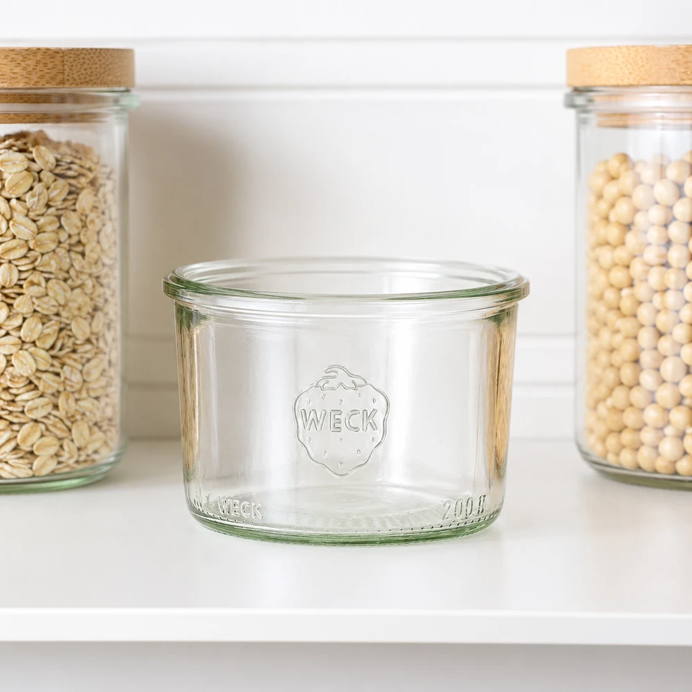 Tarro de cristal de 200 ml WECK RR80 Vasos WECK RR80 de 200 ml con logotipo en estante blanco junto a tarros de almacenaje con cereales y legumbres