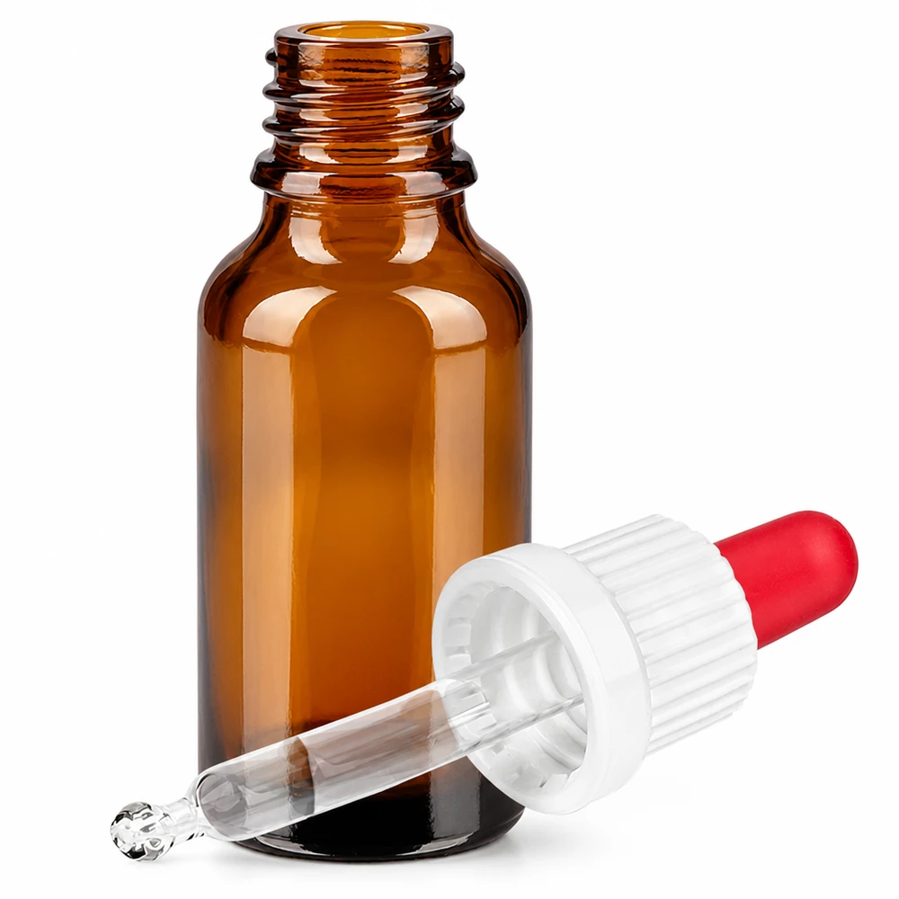 Frasco de vidrio ámbar de 20 ml con tapón de pipeta para aplicaciones por goteo y dosificación precisa