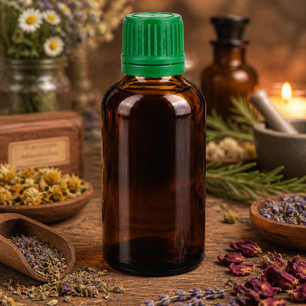 Frasco de vidrio marrón de 50 ml con tapa verde estriada para extractos de hierbas profesionales
